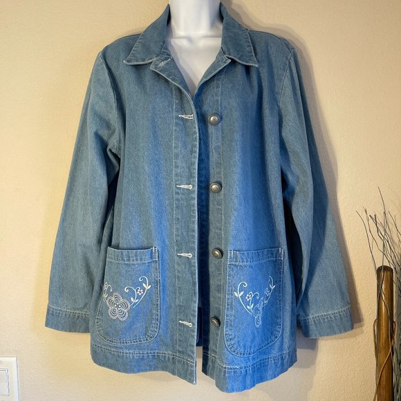 Tudor Court Embroidered Denim Jean Jacket Farm Chore Coat Vintage Pastel Large - Picture 1 of 9